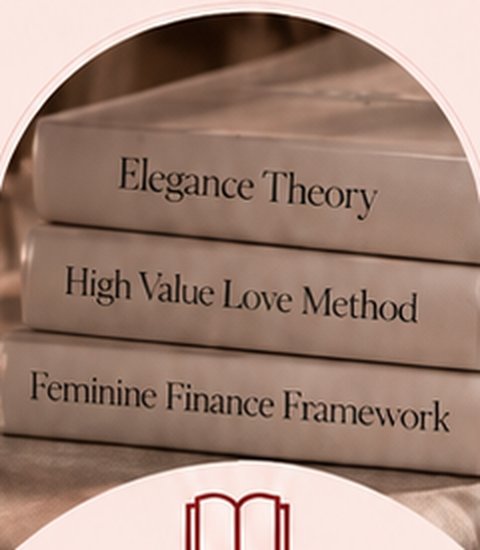 Three cream hardcover masterclasses stacked on a table: Elegance Theory, High Value Love Method, Feminine Finance Framework